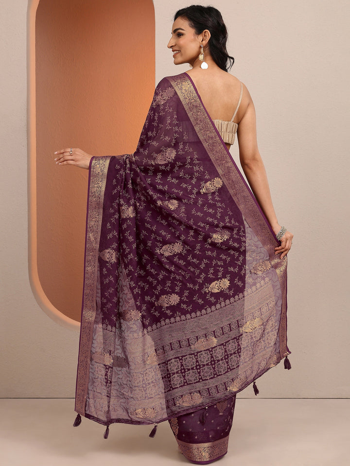 Burgundy Printed Silk Blend Saree With Unstitched Blouse Piece