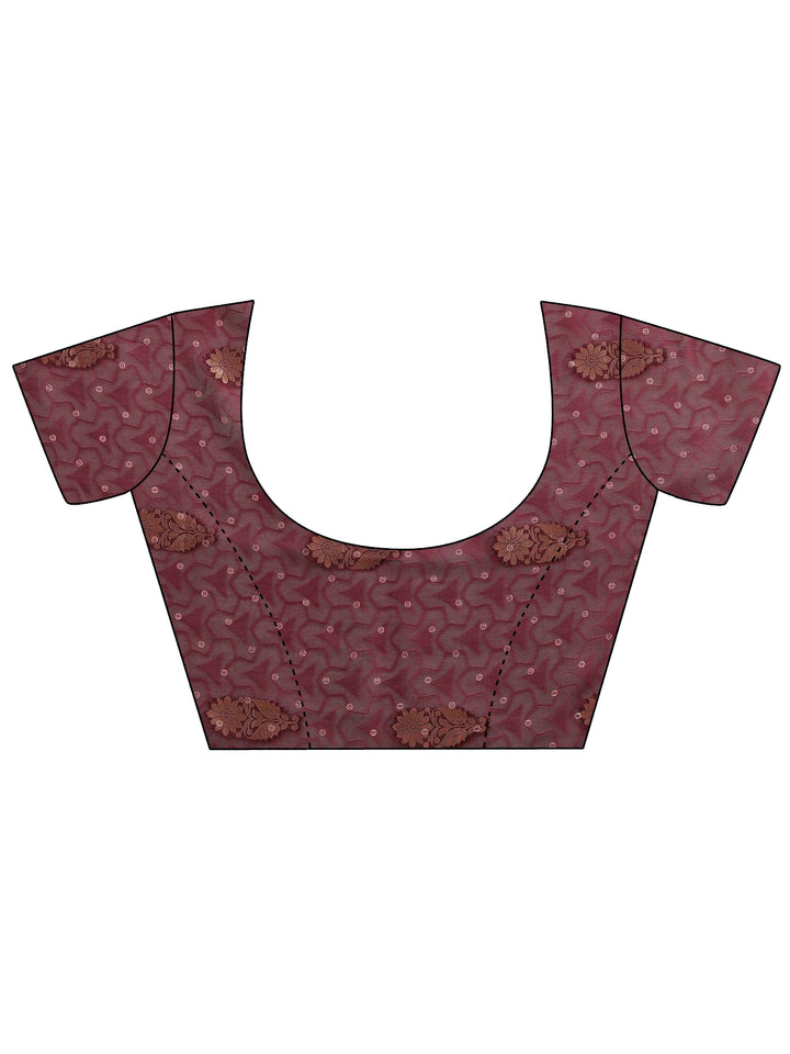 Burgundy Printed Silk Blend Saree With Unstitched Blouse Piece