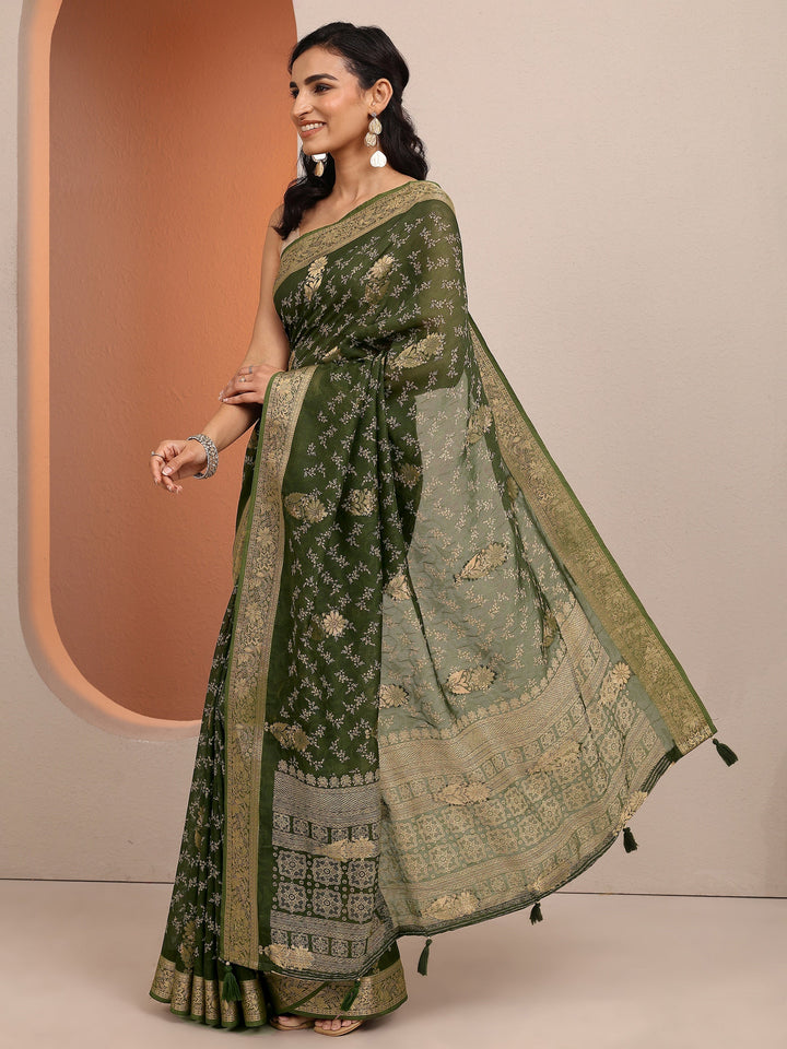 Green Printed Silk Blend Saree With Unstitched Blouse Piece