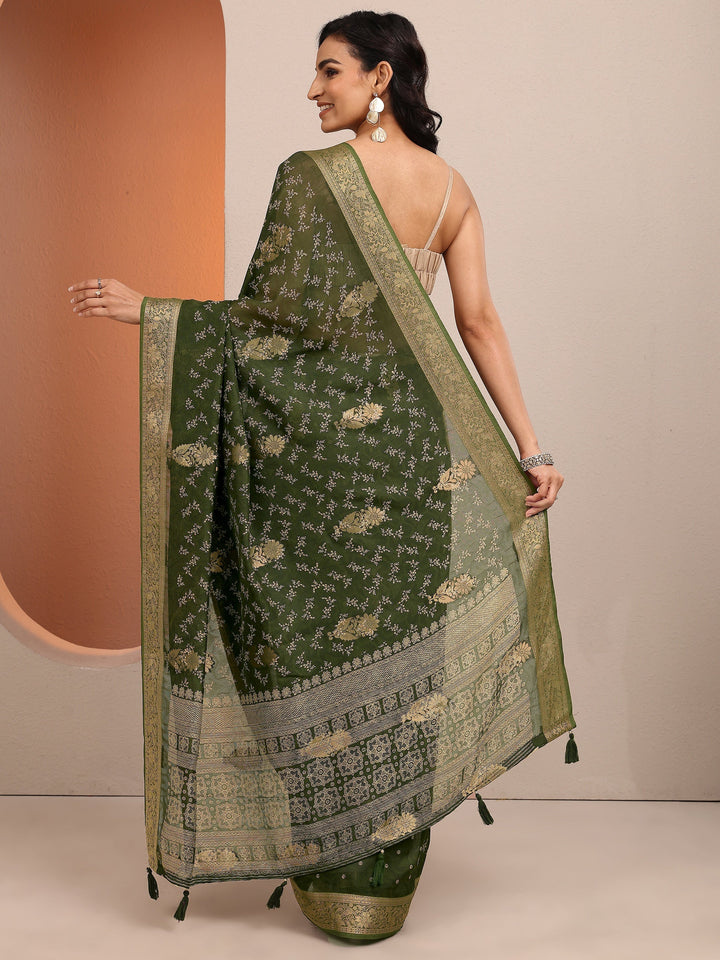 Green Printed Silk Blend Saree With Unstitched Blouse Piece