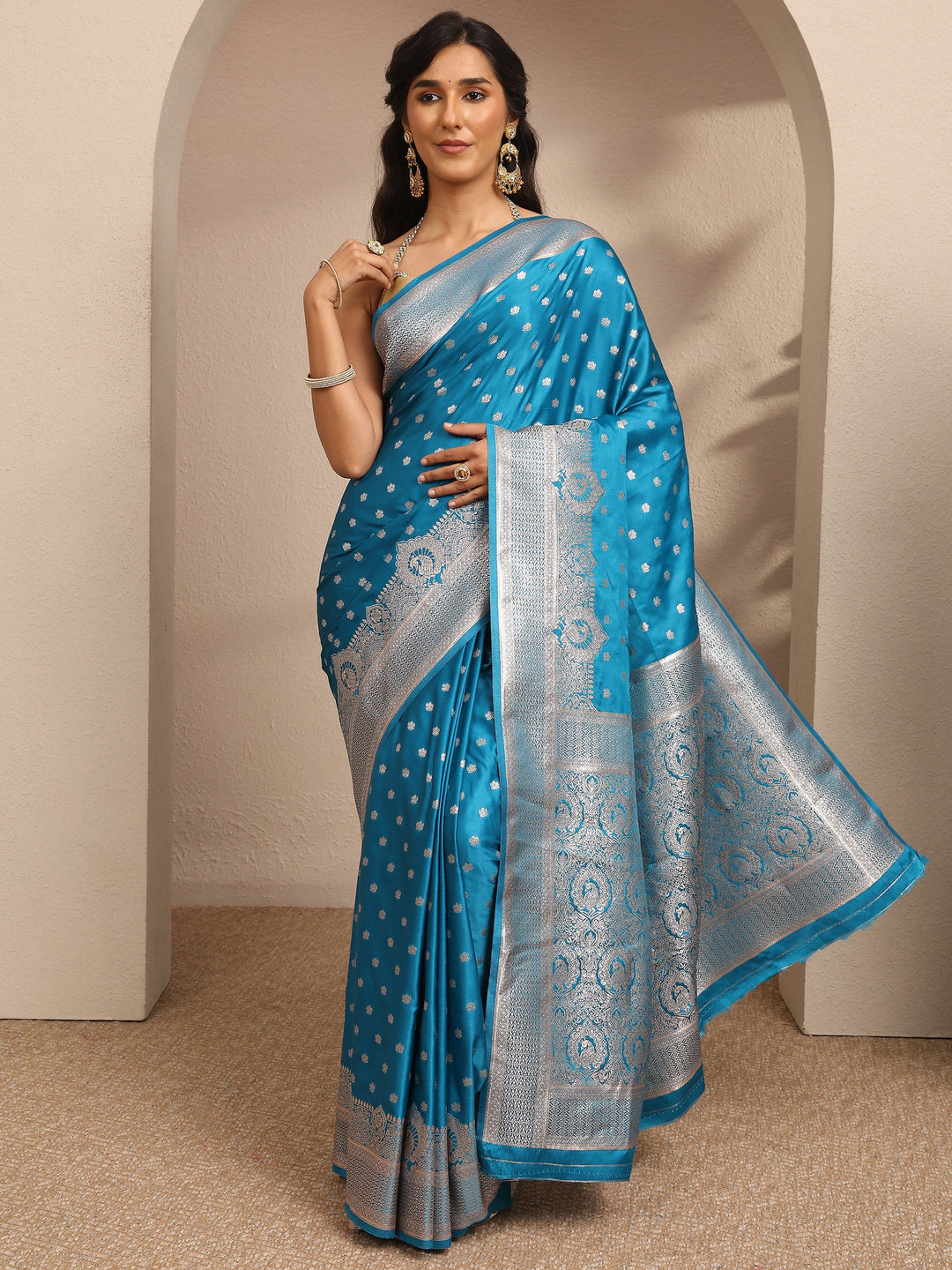 Libas Blue Embroidered Silk Blend Saree With Unstitched Blouse Piece
