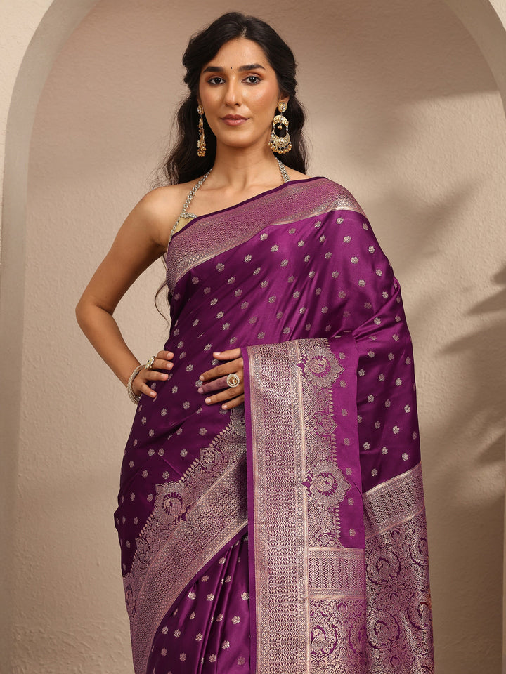 Burgundy Embroidered Silk Blend Saree With Unstitched Blouse Piece