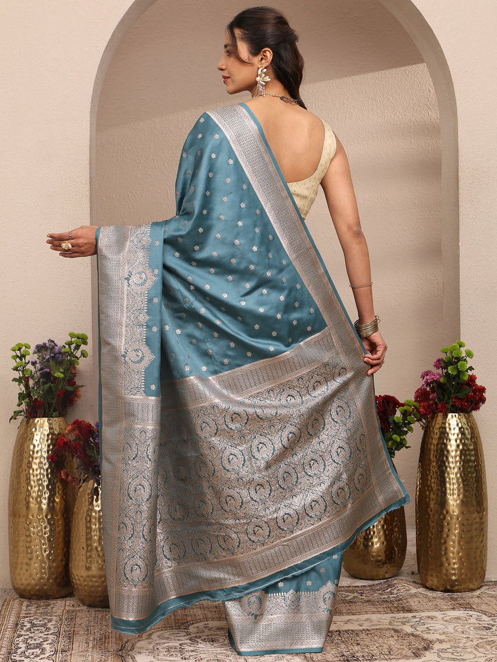 Blue Solid Silk Blend Saree With Unstitched Blouse Piece