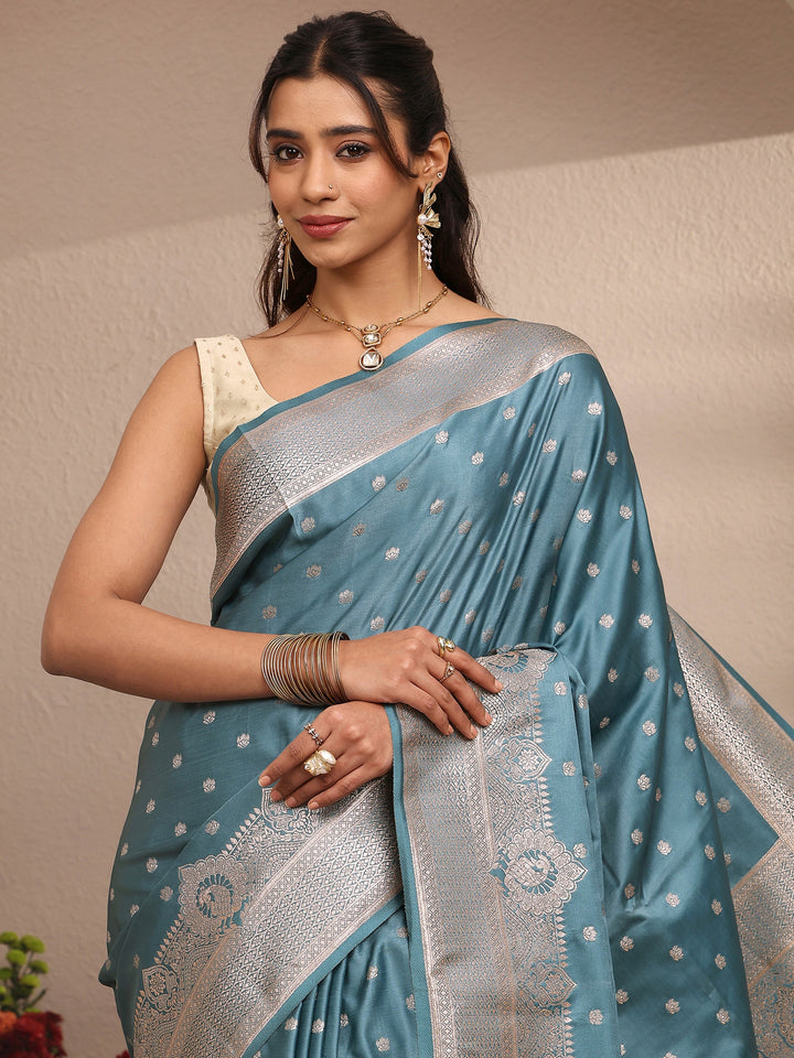 Blue Solid Silk Blend Saree With Unstitched Blouse Piece