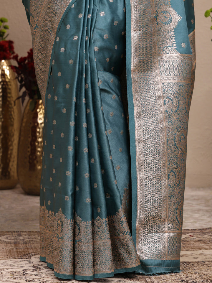 Blue Solid Silk Blend Saree With Unstitched Blouse Piece