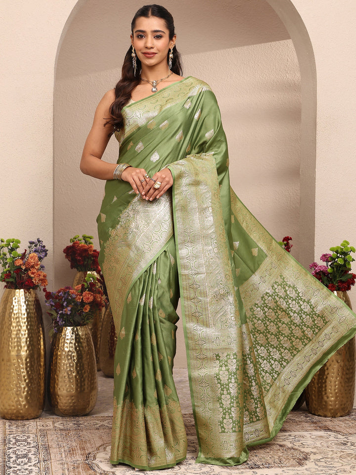 Libas Green Woven Design Banarsi Silk Blend Saree With Unstitched Blouse Piece