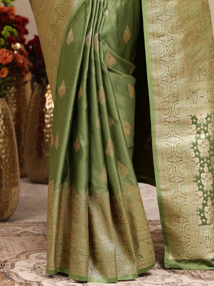 Libas Green Woven Design Banarsi Silk Blend Saree With Unstitched Blouse Piece