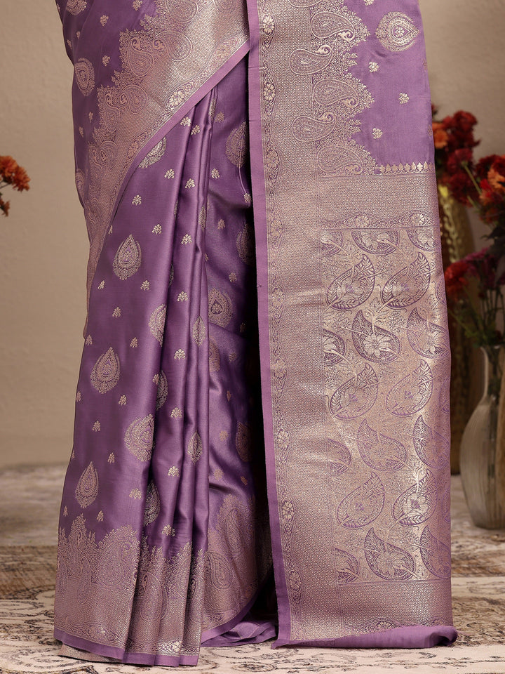 Libas Purple Woven Design Banarsi Silk Blend Saree With Unstitched Blouse Piece