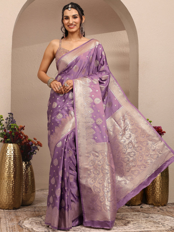 Libas Purple Woven Design Banarsi Silk Blend Saree With Unstitched Blouse Piece