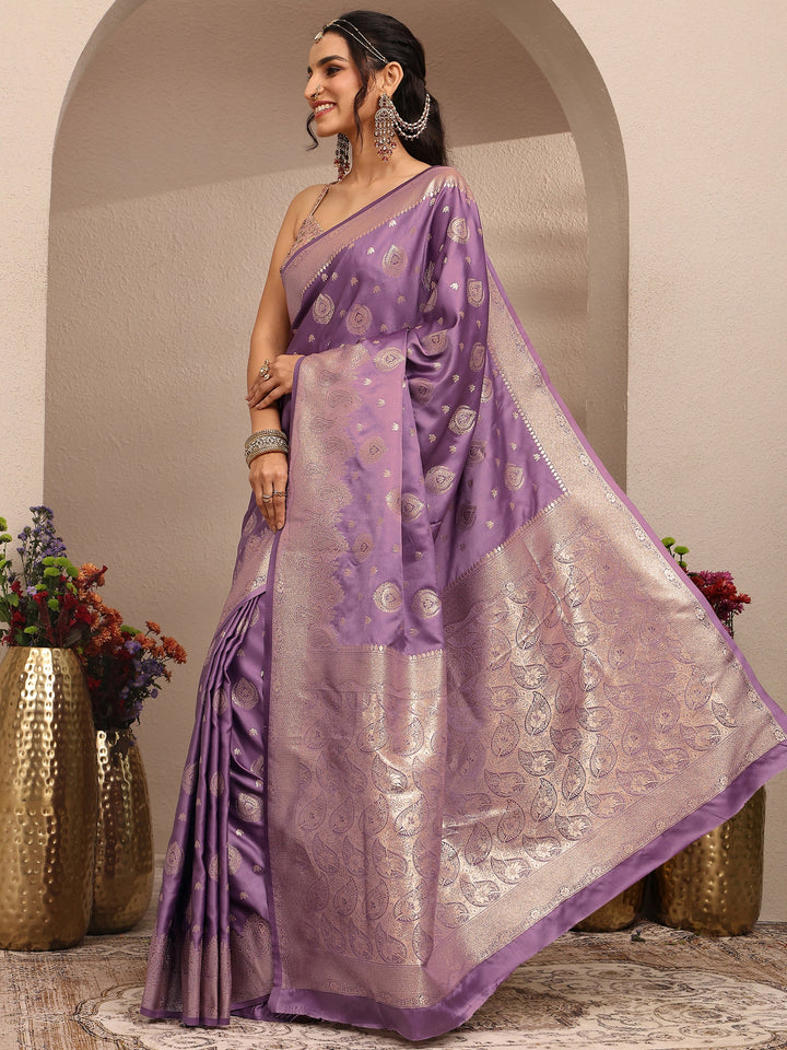 Libas Purple Woven Design Banarsi Silk Blend Saree With Unstitched Blouse Piece