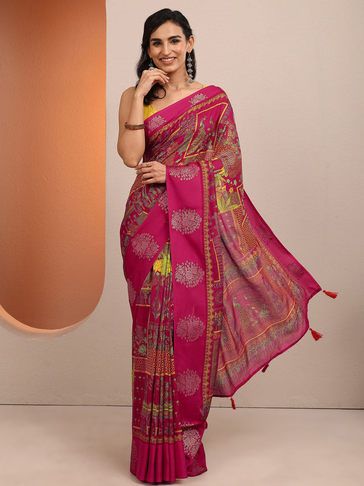 Pink Printed Silk Blend Saree With Unstitched Blouse Piece