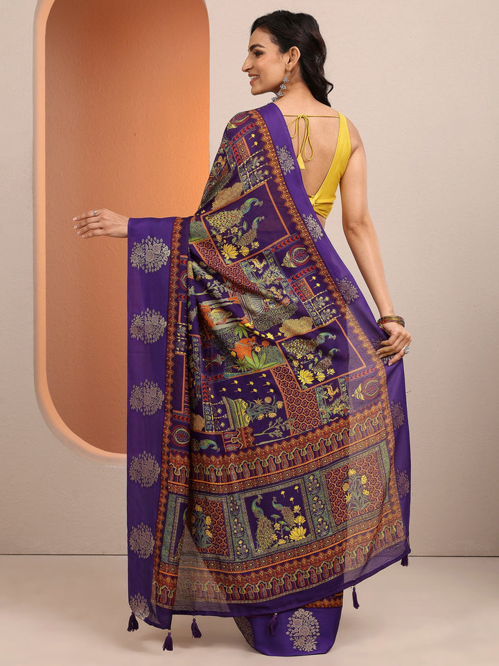 Purple Printed Silk Blend Saree With Unstitched Blouse Piece