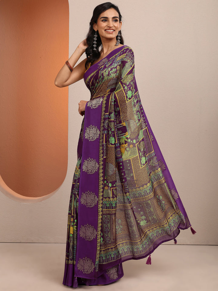 Purple Printed Silk Blend Saree With Unstitched Blouse Piece