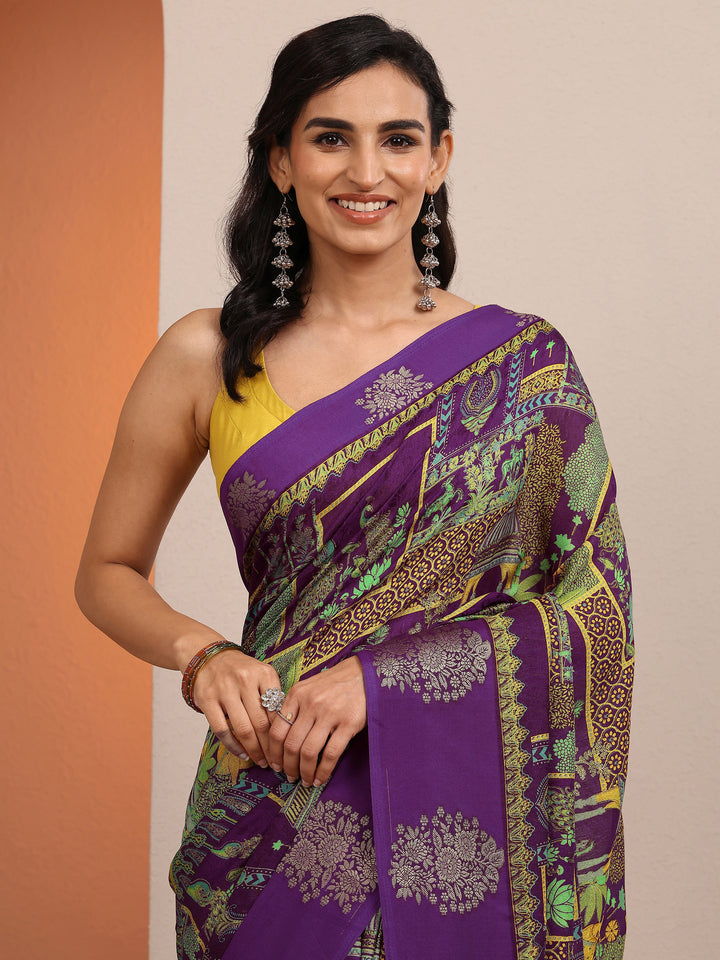 Purple Printed Silk Blend Saree With Unstitched Blouse Piece