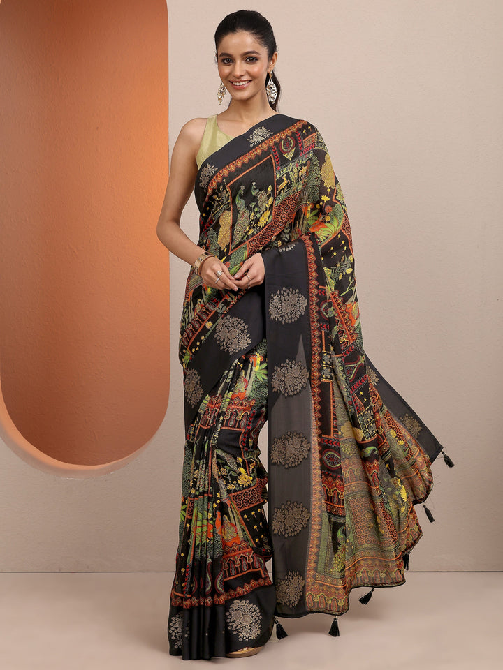 Black Printed Silk Blend Saree With Unstitched Blouse Piece