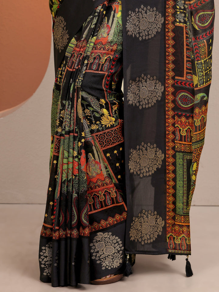 Black Printed Silk Blend Saree With Unstitched Blouse Piece