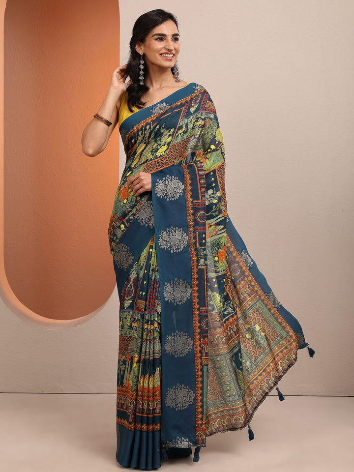 Teal Printed Silk Blend Saree With Unstitched Blouse Piece