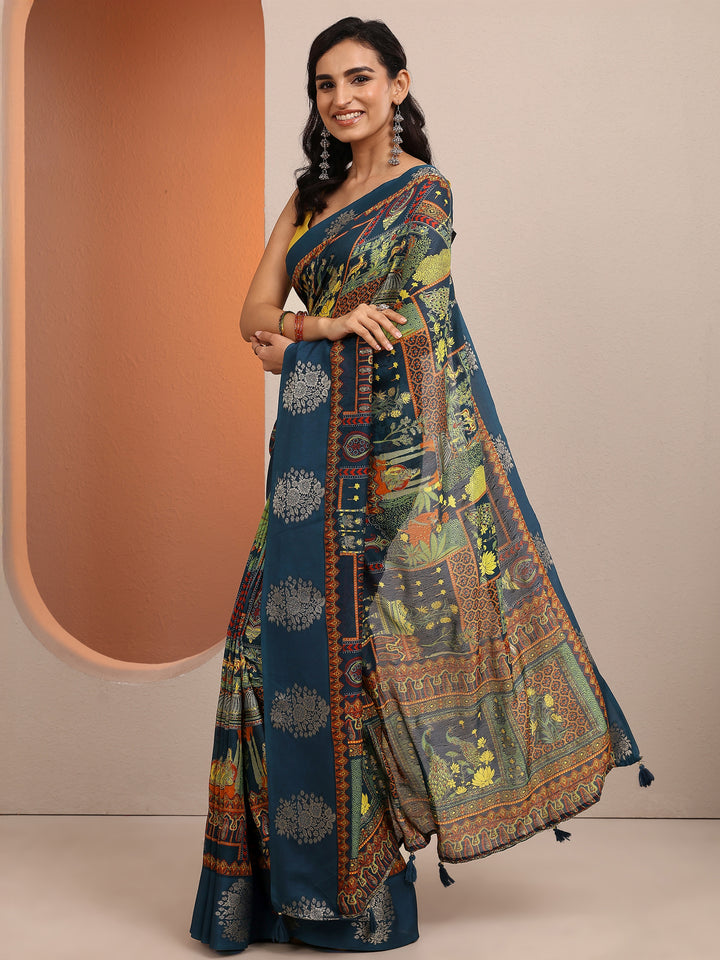 Teal Printed Silk Blend Saree With Unstitched Blouse Piece