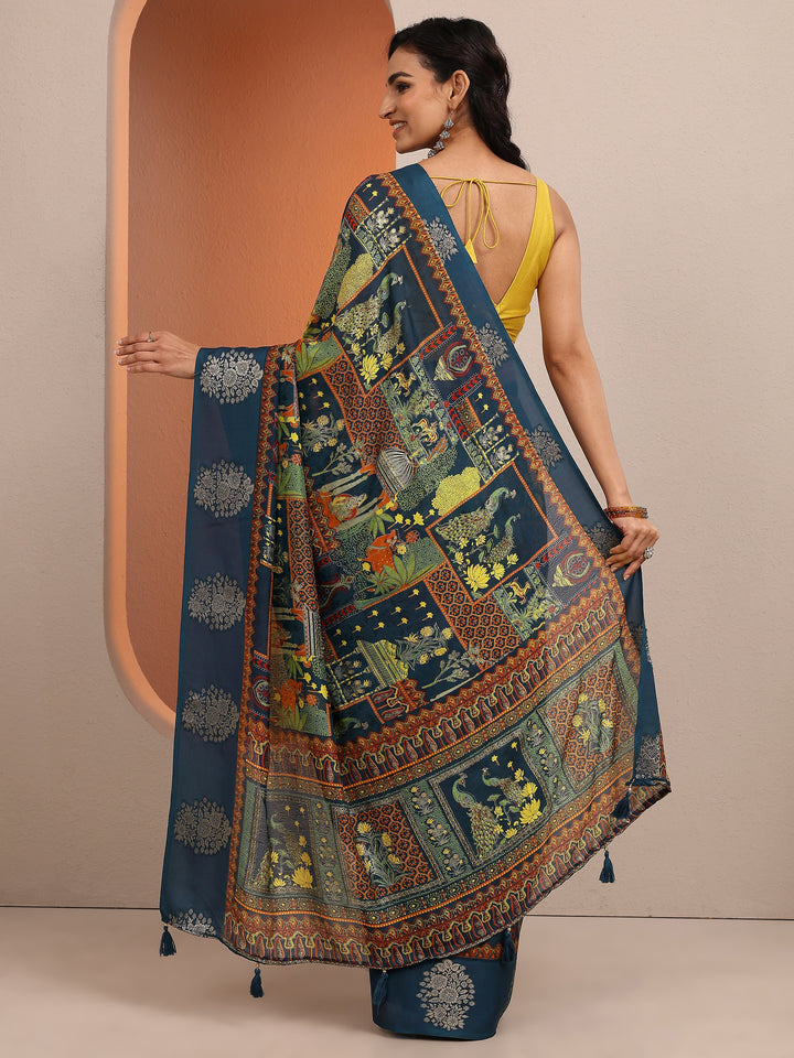 Teal Printed Silk Blend Saree With Unstitched Blouse Piece
