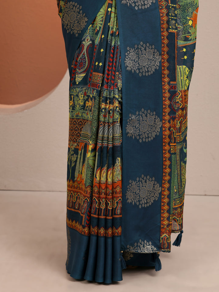 Teal Printed Silk Blend Saree With Unstitched Blouse Piece