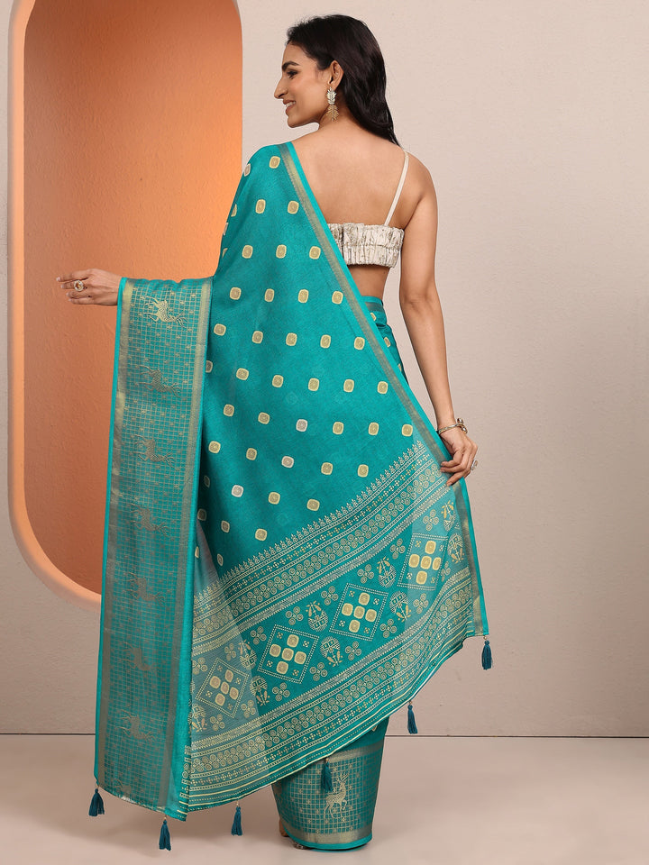 Blue Printed Silk Blend Saree With Unstitched Blouse Piece