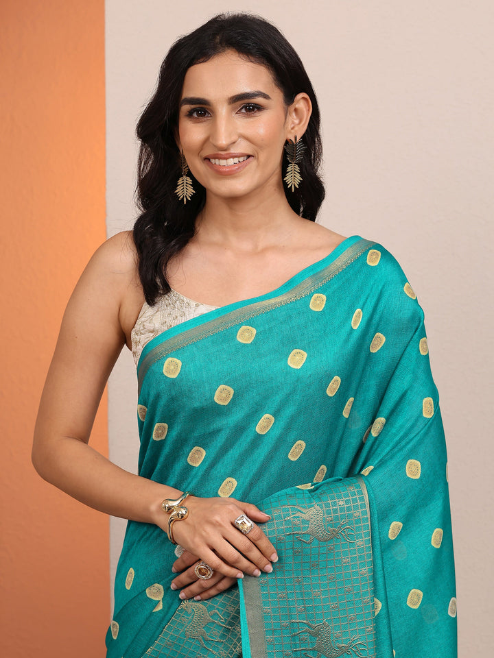 Blue Printed Silk Blend Saree With Unstitched Blouse Piece