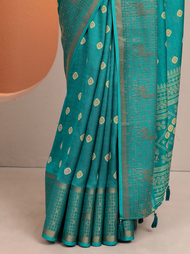 Blue Printed Silk Blend Saree With Unstitched Blouse Piece