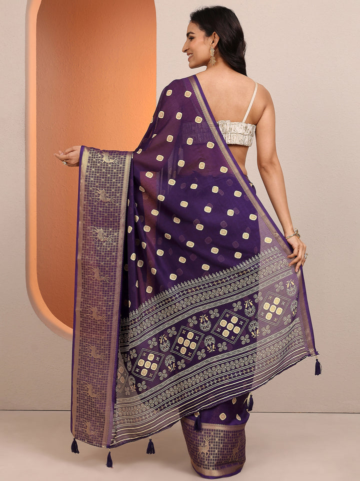 Purple Printed Silk Blend Saree With Unstitched Blouse Piece