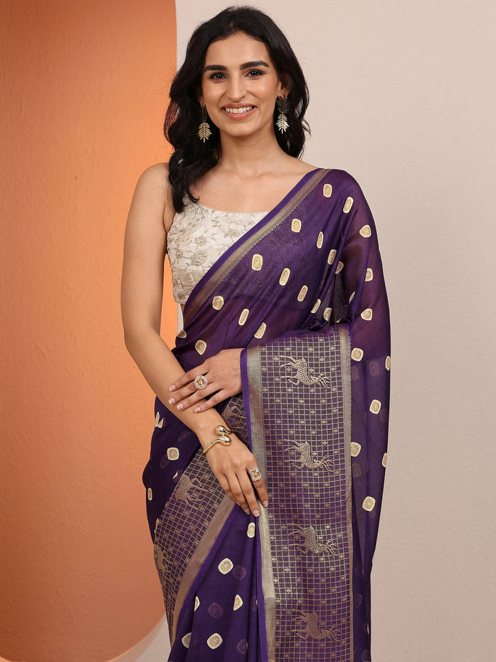 Purple Printed Silk Blend Saree With Unstitched Blouse Piece