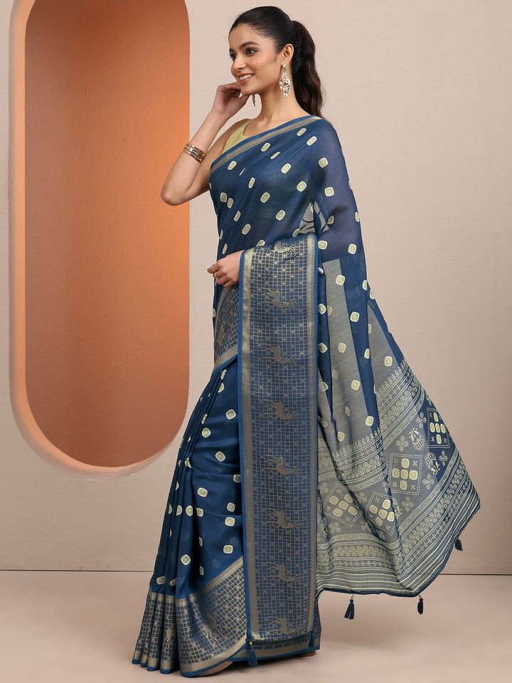 Navy Blue Printed Silk Blend Saree With Unstitched Blouse Piece