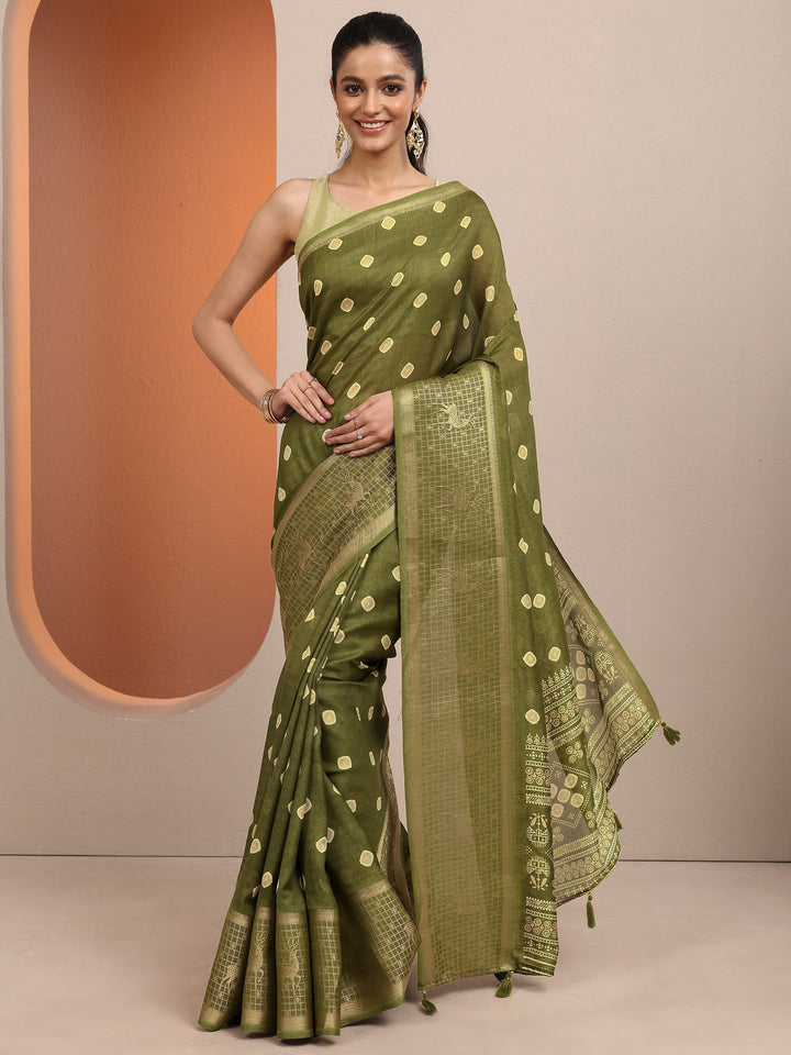 Olive Printed Silk Blend Saree With Unstitched Blouse Piece