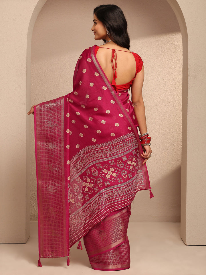 Red Printed Silk Blend Saree With Unstitched Blouse Piece