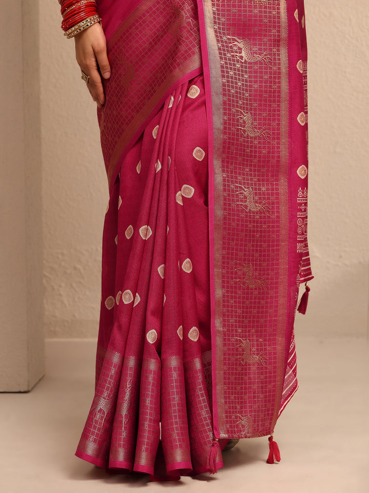 Red Printed Silk Blend Saree With Unstitched Blouse Piece