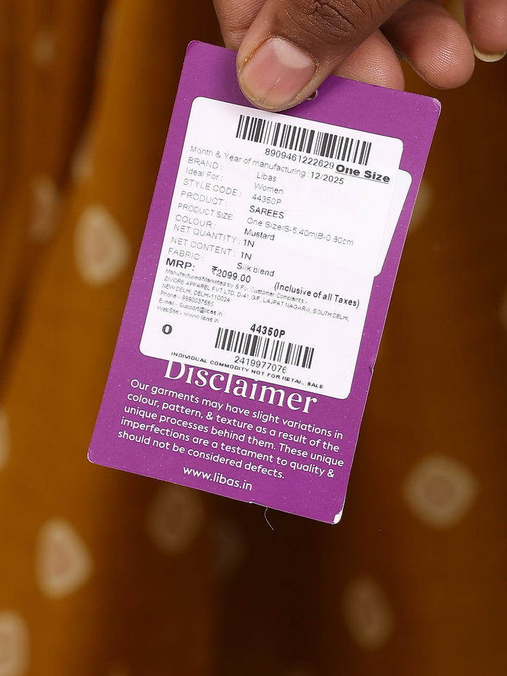 Mustard Printed Silk Blend Saree With Unstitched Blouse Piece