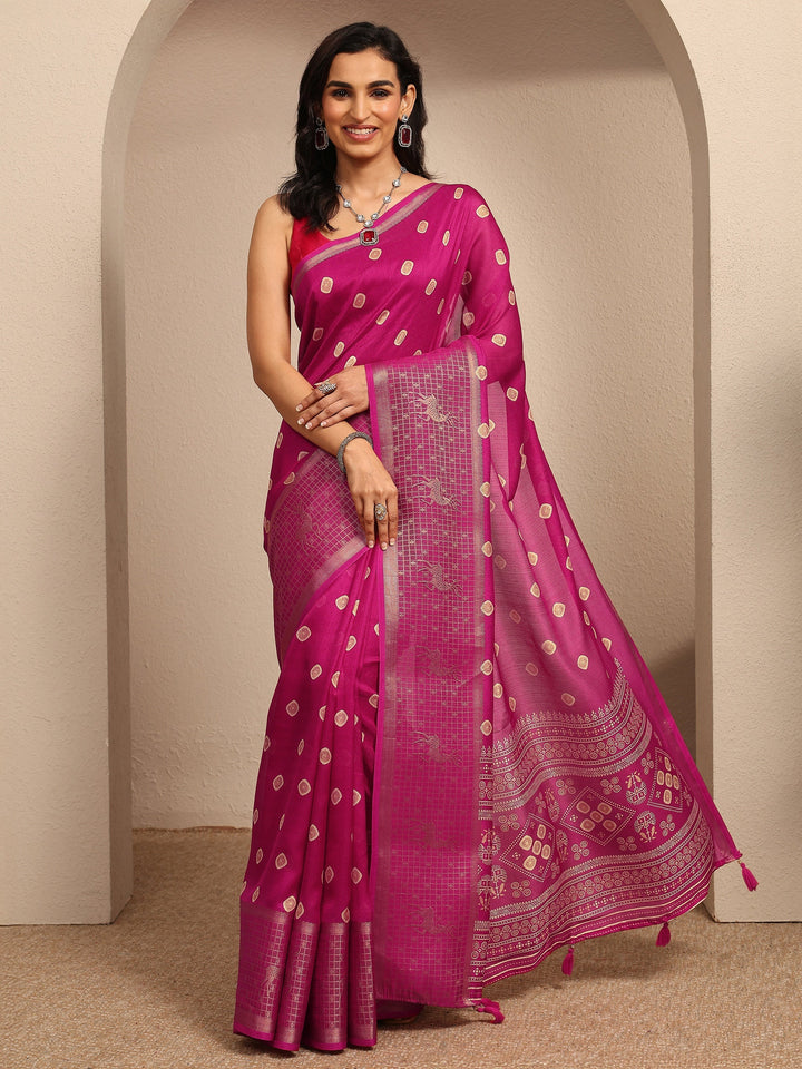 Pink Printed Silk Blend Saree With Unstitched Blouse Piece