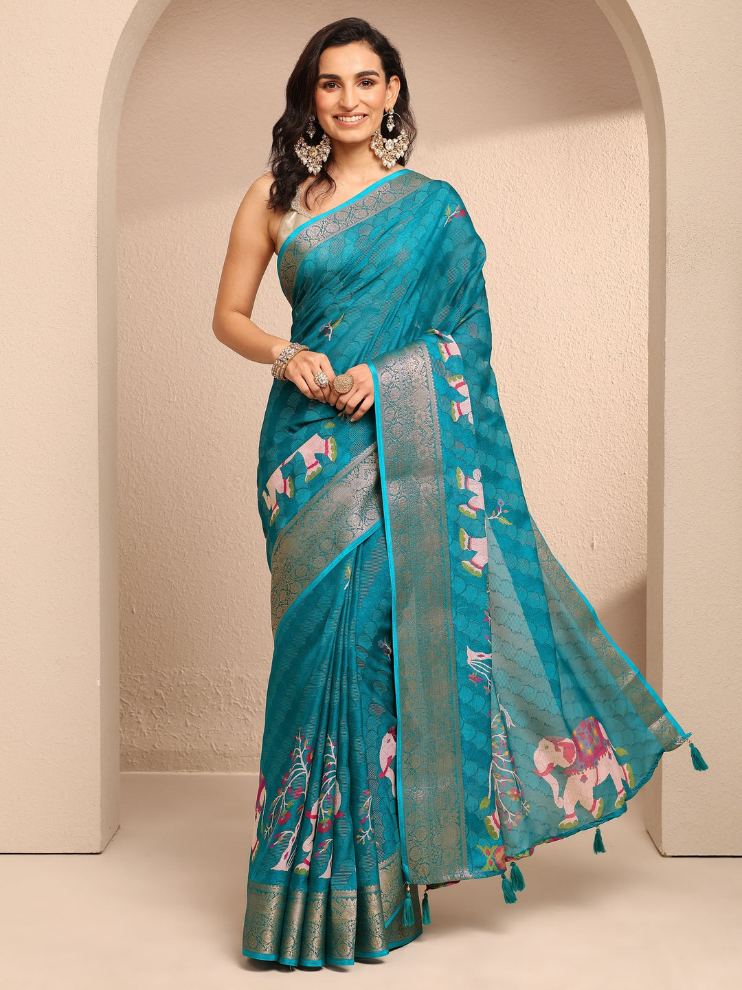 Blue Woven Design Silk Blend Saree With Unstitched Blouse Piece