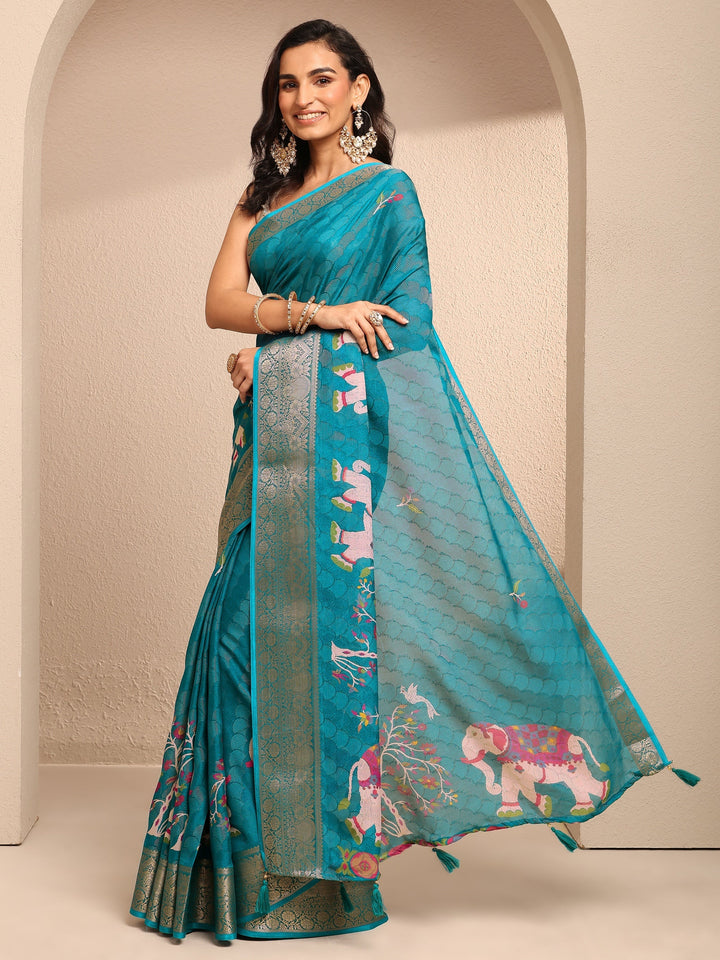 Blue Woven Design Silk Blend Saree With Unstitched Blouse Piece