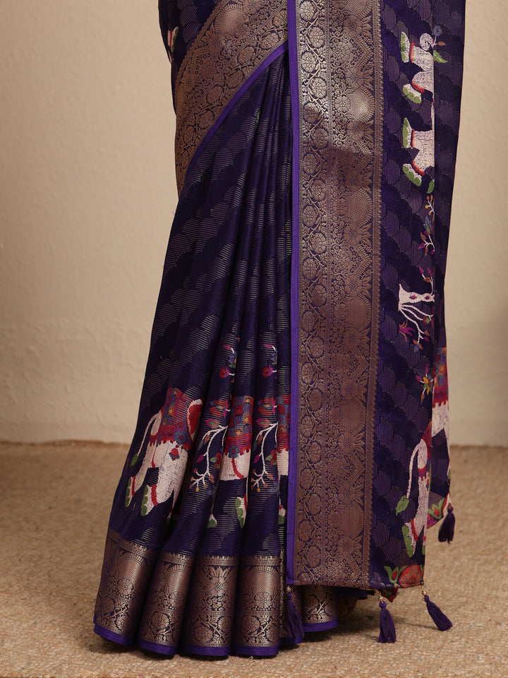 Purple Woven Design Silk Blend Saree With Unstitched Blouse Piece