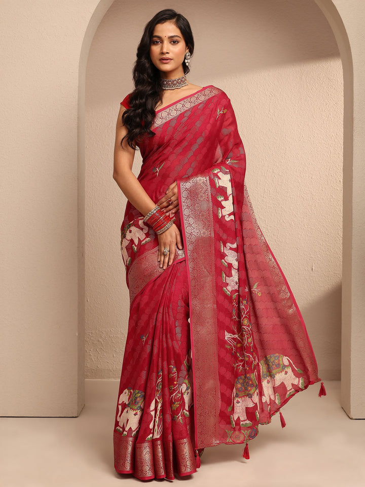 Red Woven Design Silk Blend Saree With Unstitched Blouse Piece