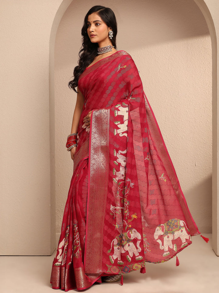Red Woven Design Silk Blend Saree With Unstitched Blouse Piece