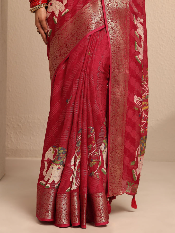 Red Woven Design Silk Blend Saree With Unstitched Blouse Piece