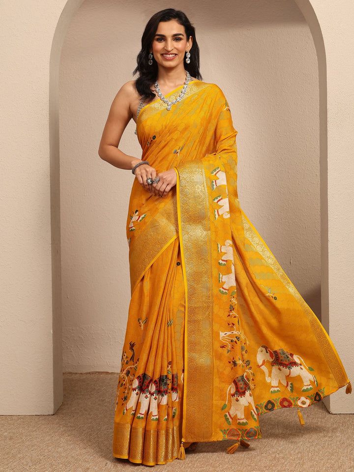 Mustard Woven Design Silk Blend Saree With Unstitched Blouse Piece