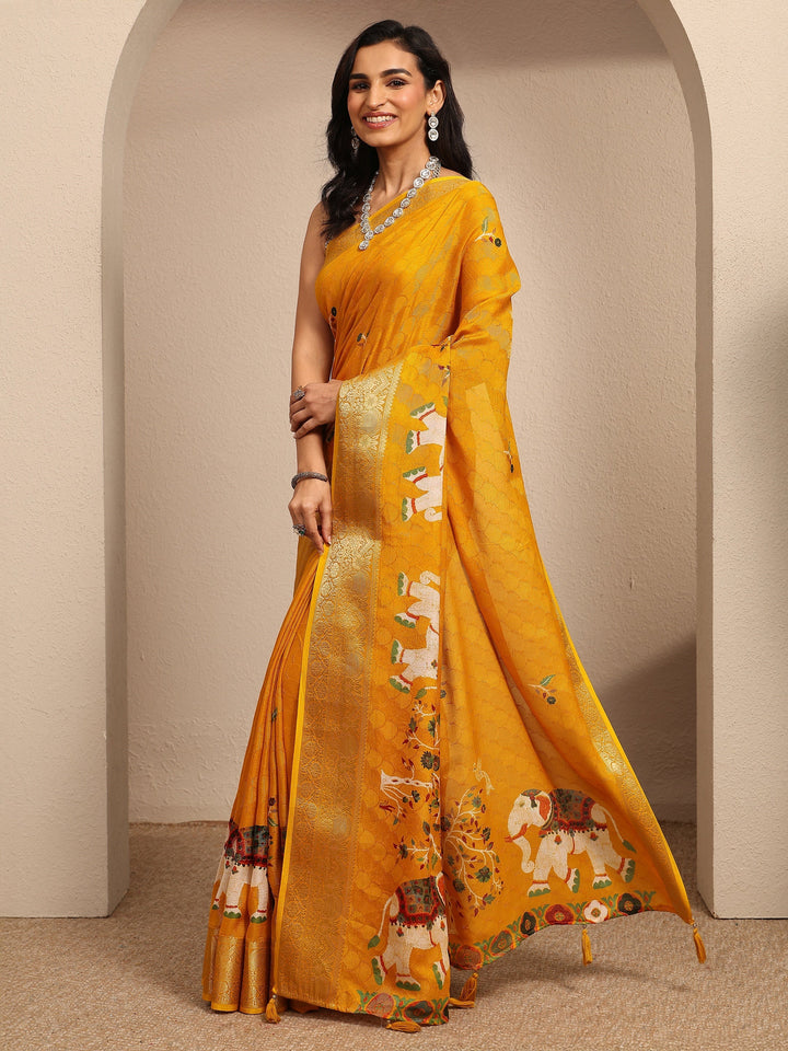 Mustard Woven Design Silk Blend Saree With Unstitched Blouse Piece