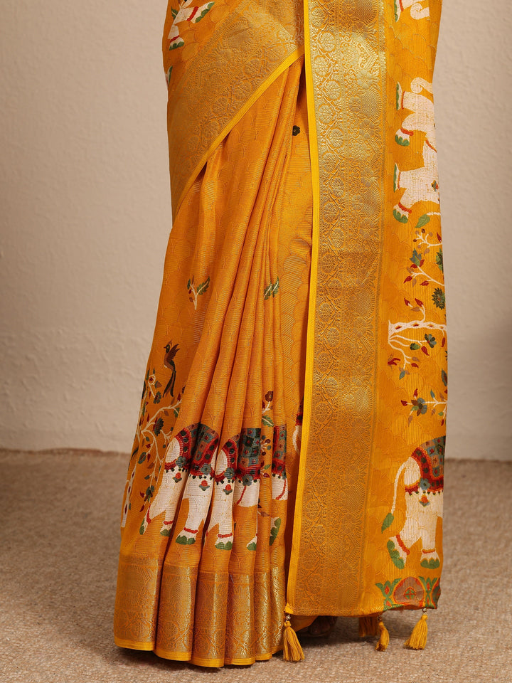 Mustard Woven Design Silk Blend Saree With Unstitched Blouse Piece