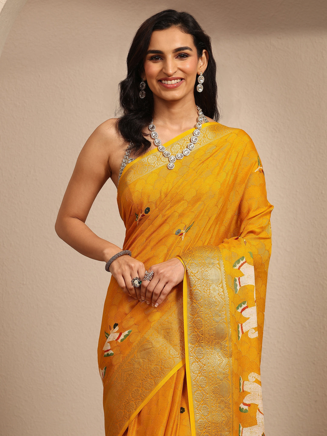 Mustard Woven Design Silk Blend Saree With Unstitched Blouse Piece