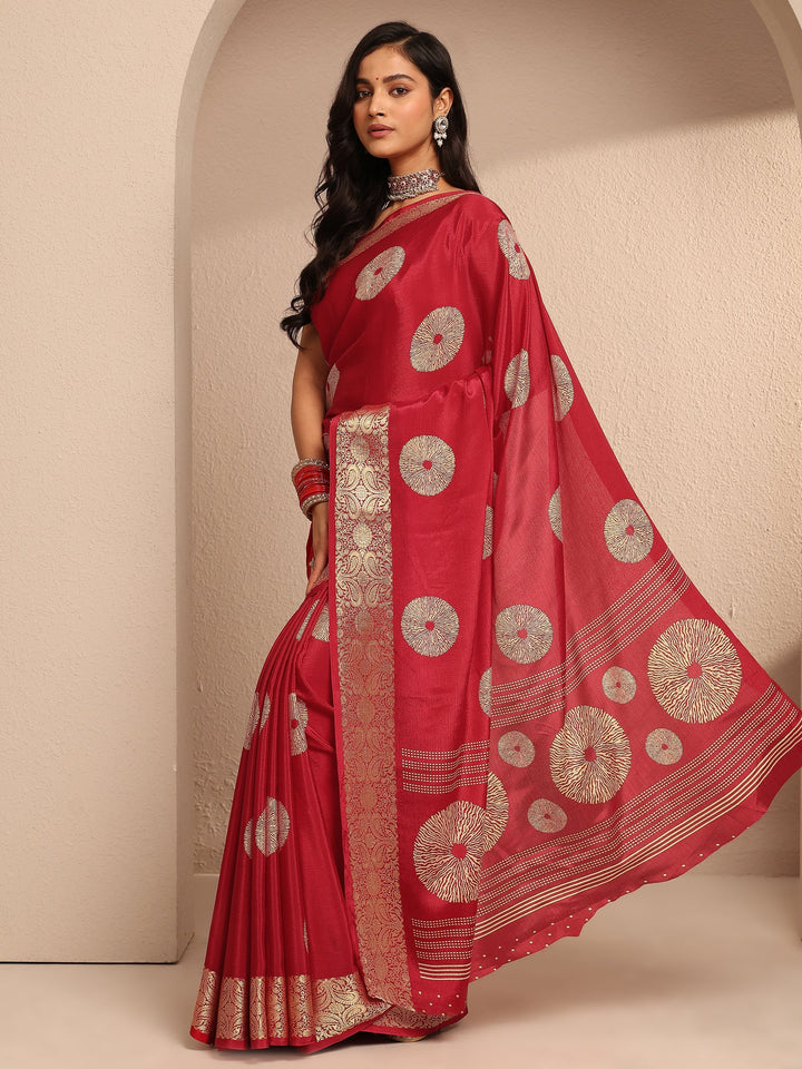 Red Printed Silk Blend Banarasi Saree With Unstitched Blouse Piece