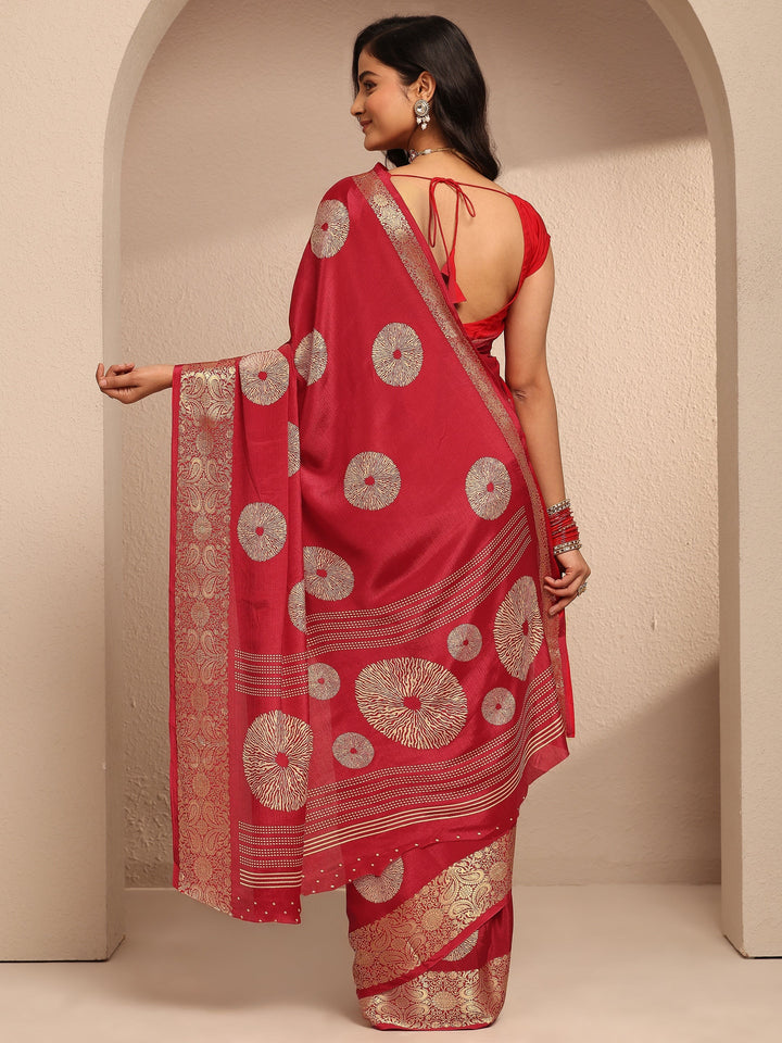 Red Printed Silk Blend Banarasi Saree With Unstitched Blouse Piece