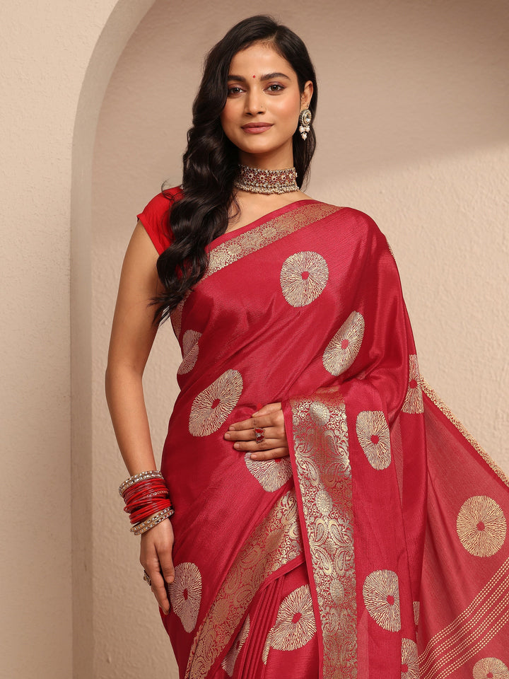 Red Printed Silk Blend Banarasi Saree With Unstitched Blouse Piece