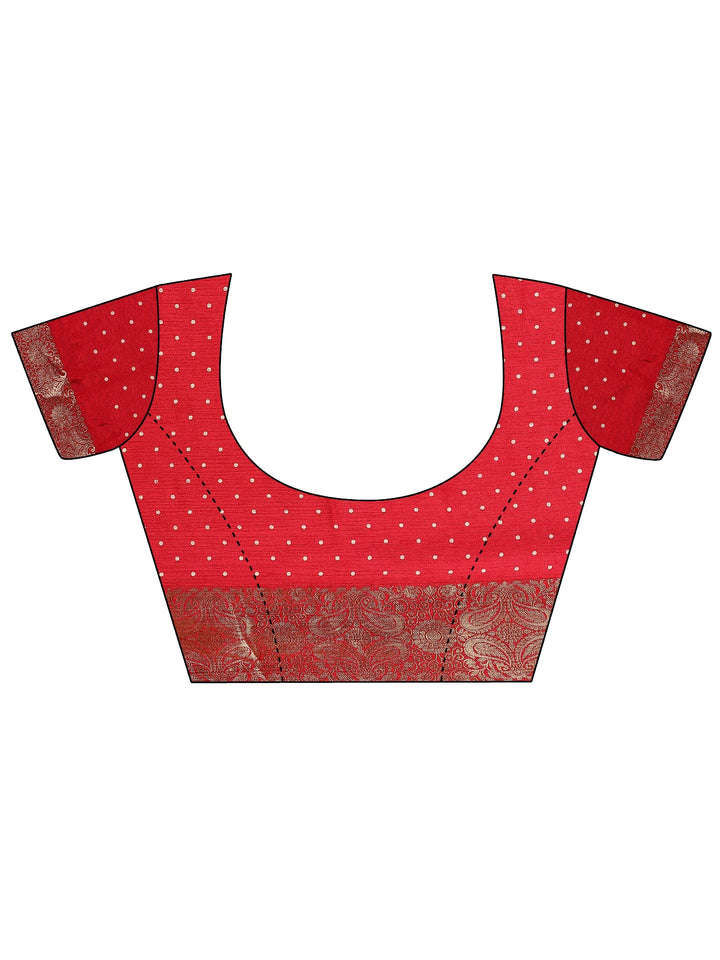 Red Printed Silk Blend Banarasi Saree With Unstitched Blouse Piece