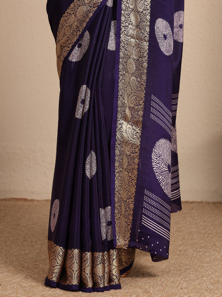 Purple Geometric Printed Silk Blend Saree With Unstitched Blouse Piece